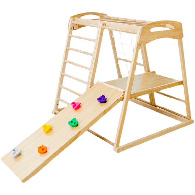 Kids Outdoor Wooden Climbing Frame - ชุดเครื่องเล่นเด็กแบบรวม ไม้เนื้อแข็ง สำหรับเล่นในร่มและกลางแจ้ง พร้อมสไลเดอร์ ชิงช้า และโครงปีนป่าย