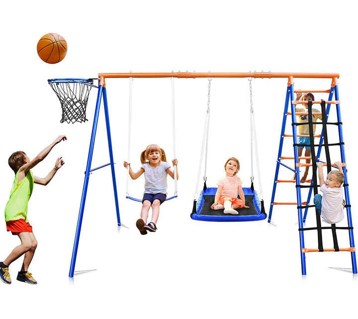 Kids Outdoor Swing Set With Slide - ชุดชิงช้าสไลเดอร์ปีนป่าย 3-in-1 สำหรับเด็ก พร้อมเก้าอี้แขวน ใช้ได้ทั้งในร่มและกลางแจ้ง เหมาะสำหรับสนามหลังบ้านและสวน