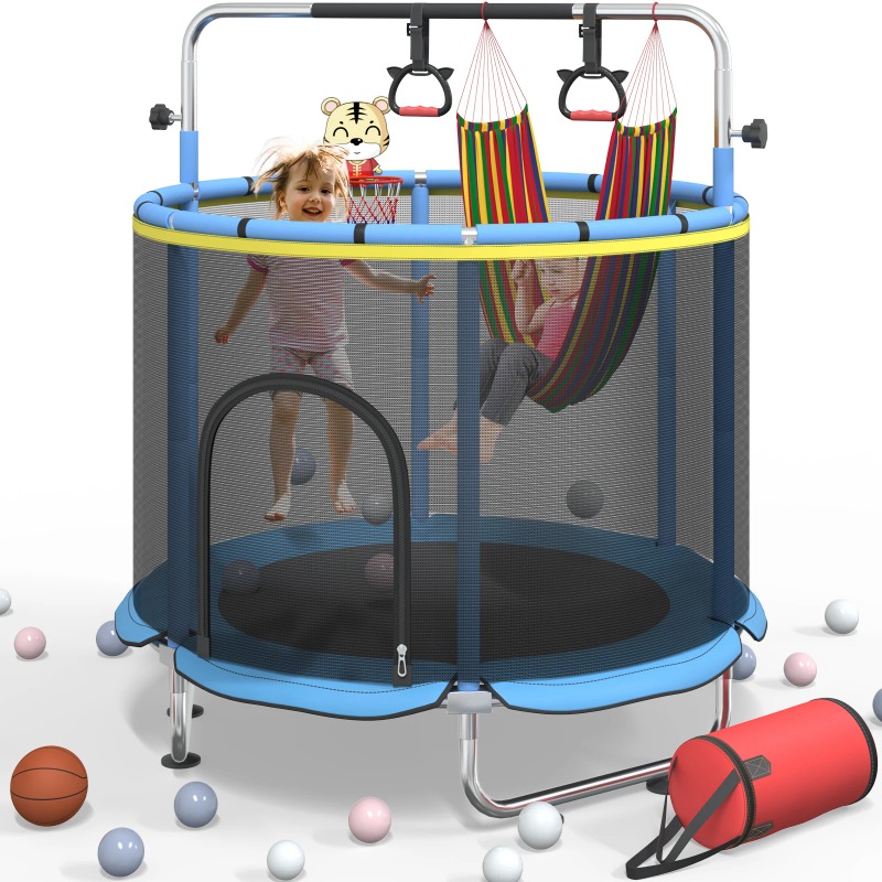 Kids Outdoor Basketball Hoop - แทรมโพลีนเด็กเล็ก 5 ฟุต 8-in-1 แทรมโพลีนมินิสำหรับเด็ก พร้อมห่วงบาสเก็ตบอล