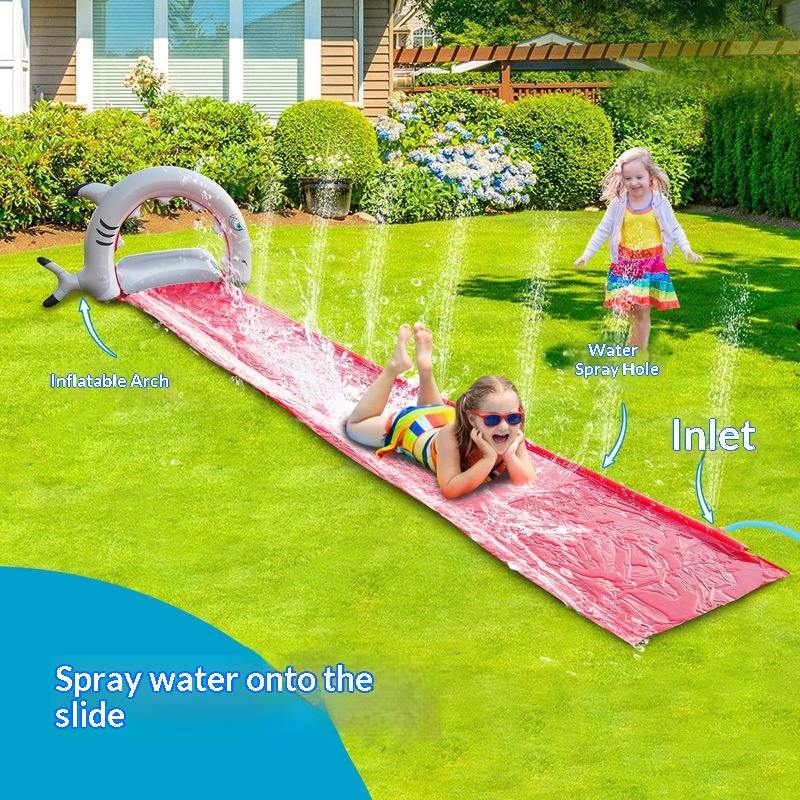 Kids Outdoor Inflatable Water Slide - สไลเดอร์น้ำเป่าลมรูปปลาวาฬพร้อมแผ่นสปริงเกอร์สำหรับเด็ก สนามหญ้า ของเล่นสไลเดอร์น้ำแบบสองเลนสำหรับสวนหลังบ้าน ปาร์ตี้ฤดูร้อน