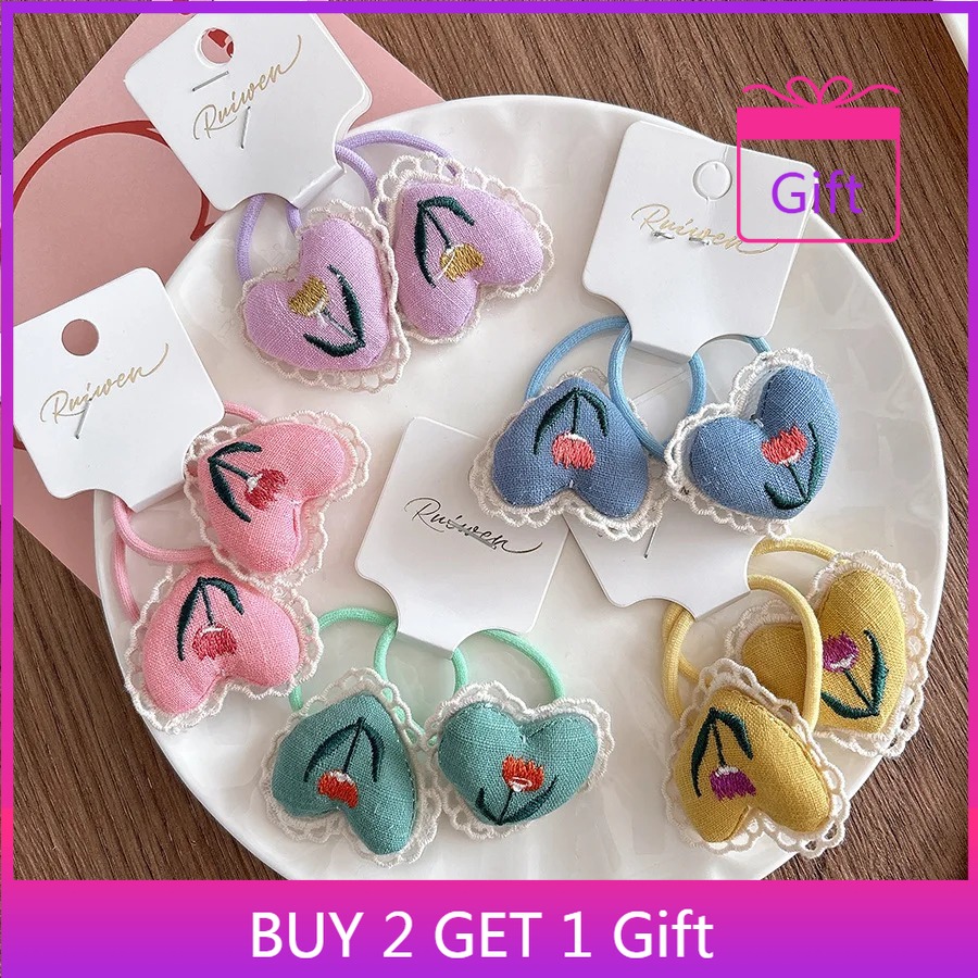 Kids Outdoor Activity Set - เด็กผมฤดูหนาวผ้าทําด้วยมือปักหัวใจผู้ถือหางม้ายืดหยุ่นไม่ลื่น Bun ชุด 2 ชิ้น