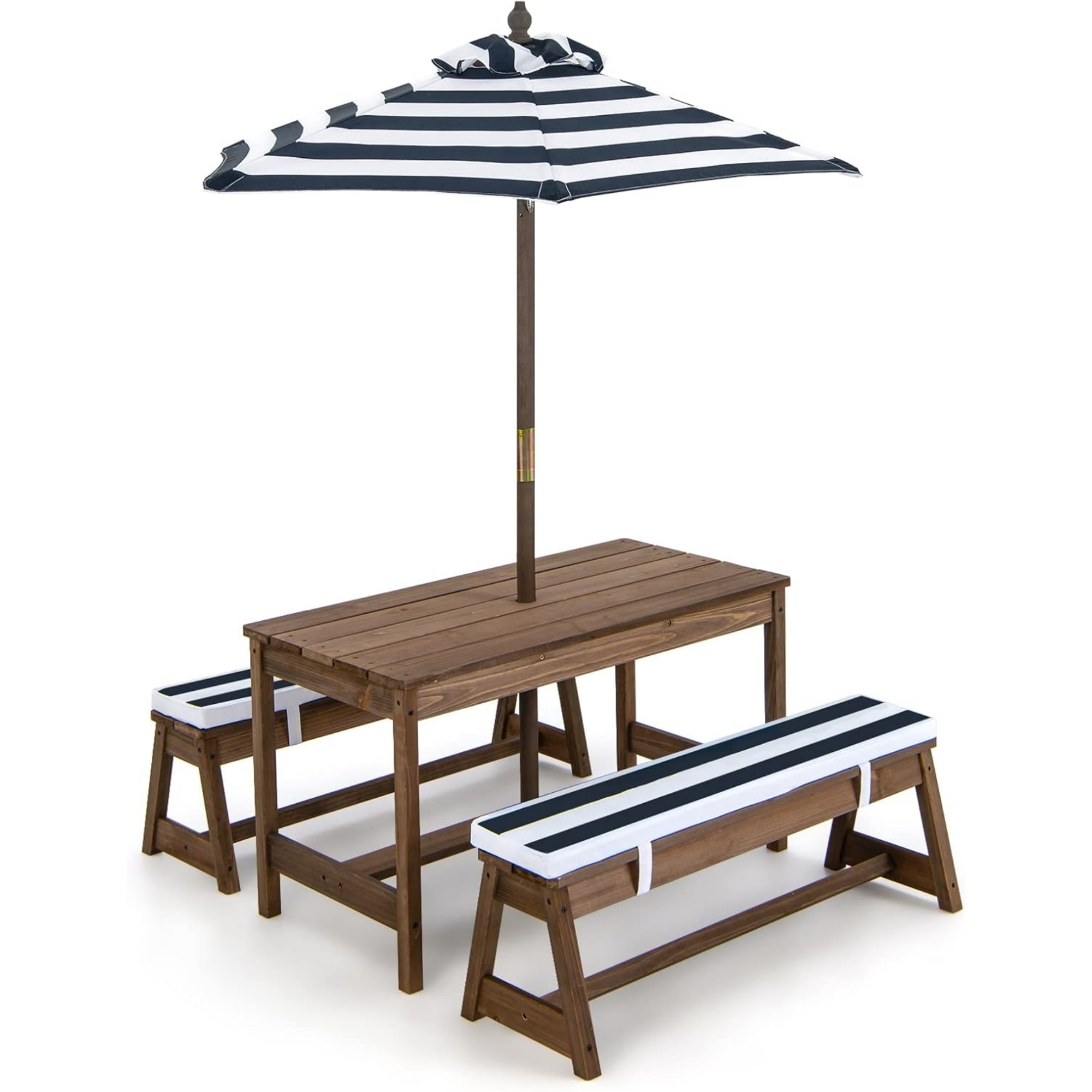 Kids Outdoor Bench With Umbrella - โต๊ะปิกนิกสำหรับเด็กพร้อมร่มพับได้, ชุดโต๊ะและม้านั่งไม้สำหรับสนามหลังบ้านพร้อมเบาะรองนั่งที่ถอดออกได้, โต๊ะสำหรับกิจกรรมศิลปะและการเล่น, โต๊ะปิกนิกสำหรับเด็กเล็กใช้ได้ทั้งในร่มและกลางแจ้งสำหรับลานบ้าน, สนามหญ้า และสวน
