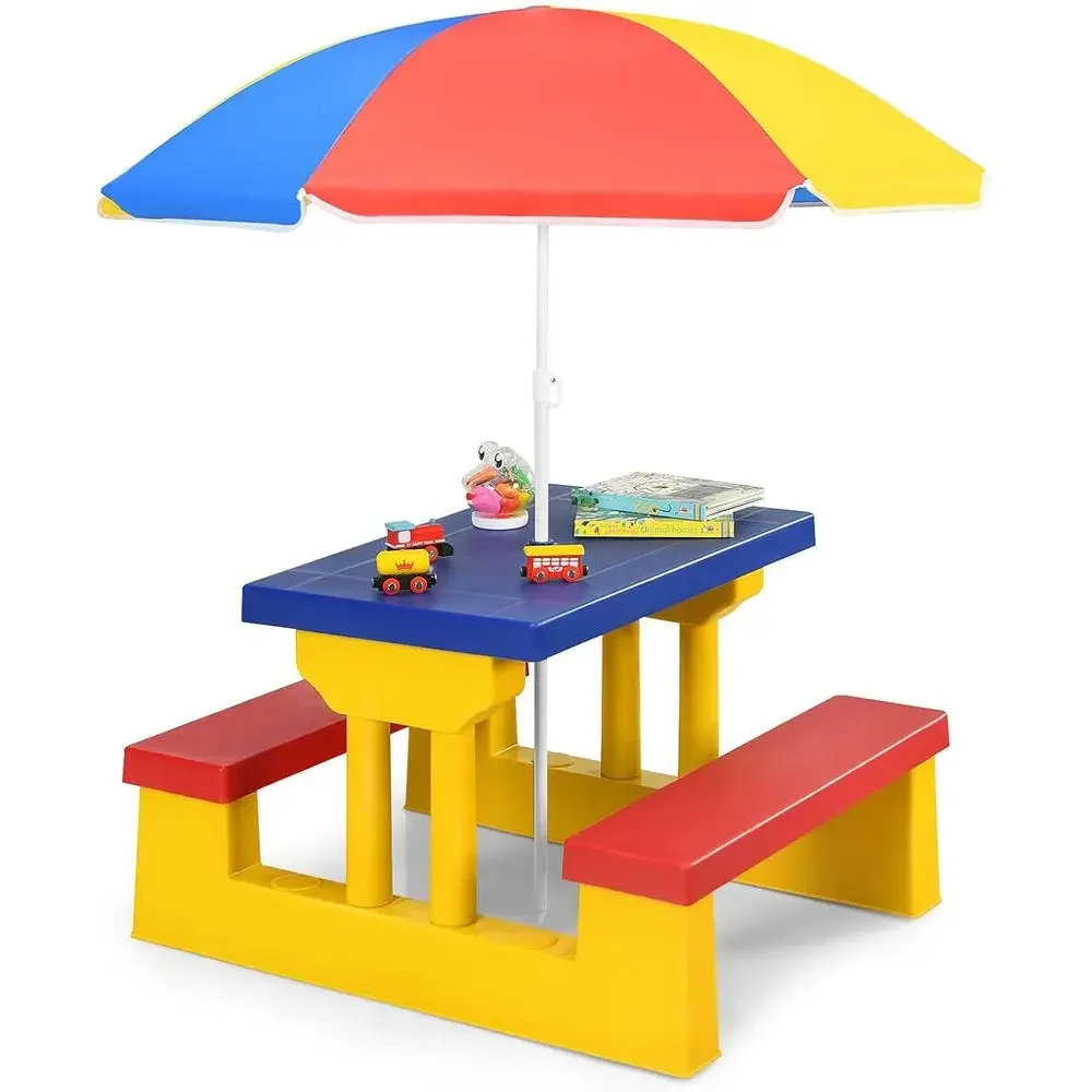 Kids Outdoor Bench With Umbrella - ชุดโต๊ะปิกนิกสำหรับเด็กหลากสีพร้อมร่มที่ถอดออกได้และม้านั่งพลาสติกสำหรับสนามหลังบ้าน สวน และสถานรับฝากเด็ก