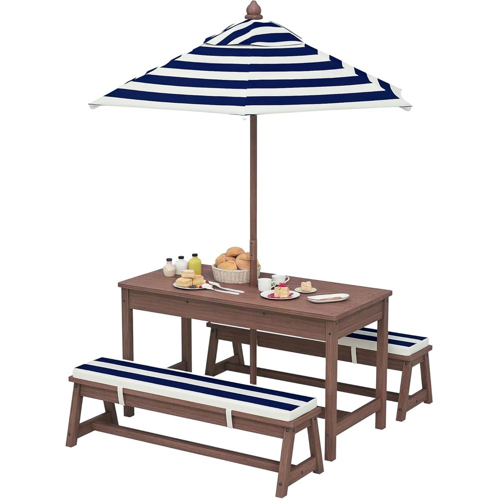 Kids Outdoor Bench With Umbrella - โต๊ะปิกนิกสำหรับเด็ก Qaba, ชุดโต๊ะและม้านั่งไม้สำหรับกลางแจ้งพร้อมเบาะรองนั่งและร่ม, เฟอร์นิเจอร์สำหรับเด็กในสวนหลังบ้านหรือลานบ้าน, สวน