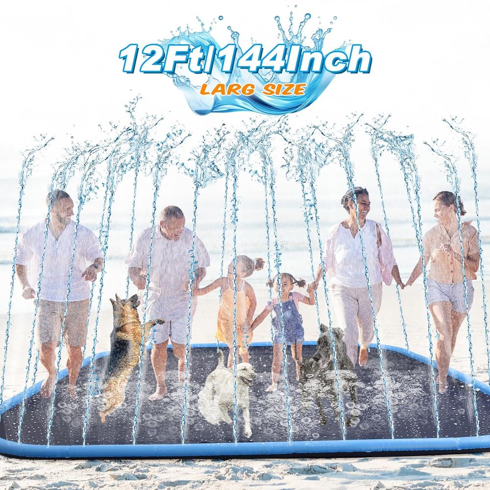 Sprinkler Splash Pad - สระน้ำพุพ่นน้ำขนาดใหญ่พิเศษ 12 ฟุต (144 นิ้ว) สำหรับผู้ใหญ่และสุนัข