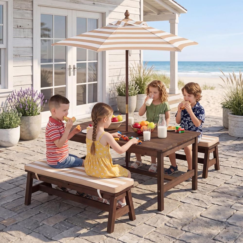 Kids Outdoor Bench With Umbrella - โต๊ะปิกนิกสำหรับเด็ก โต๊ะขนาดใหญ่ 42“x 23” ทำจากไม้ IR