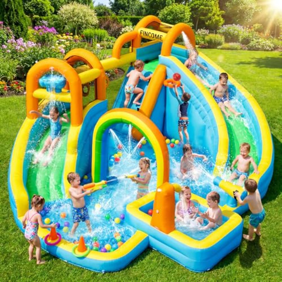 Kids Outdoor Inflatable Water Slide - สวนสไลเดอร์น้ำเป่าลมกลางแจ้งสำหรับเด็ก: วัสดุ PVC, สีฟ้าและสีเหลือง, สไลเดอร์คู่พร้อมสระน้ำและบาสเกตบอล