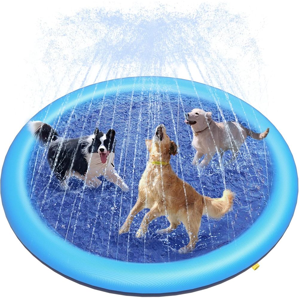 Sprinkler Splash Pad - สแปลชแพดหรือสระน้ำกันลื่นสำหรับสุนัข, แผ่นรองเล่นน้ำกลางแจ้งแบบหนา, ของเล่นสปริงเกอร์สำหรับฤดูร้อนหรือสนามหลังบ้าน (67 นิ้ว, สีฟ้า)