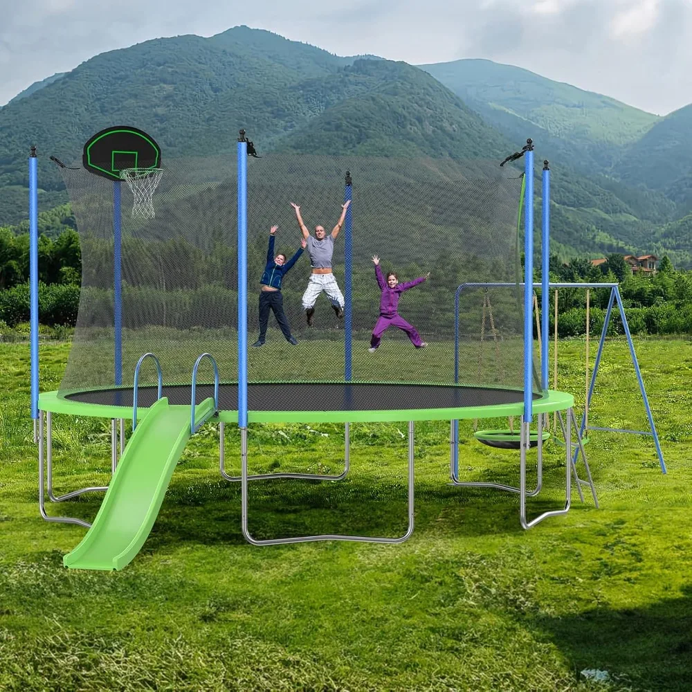 Kids Outdoor Swing Set With Slide - ชุดแทรมโพลีนขนาด 12-14 ฟุต พร้อมสไลเดอร์ ห่วงบาสเก็ตบอล ชิงช้า