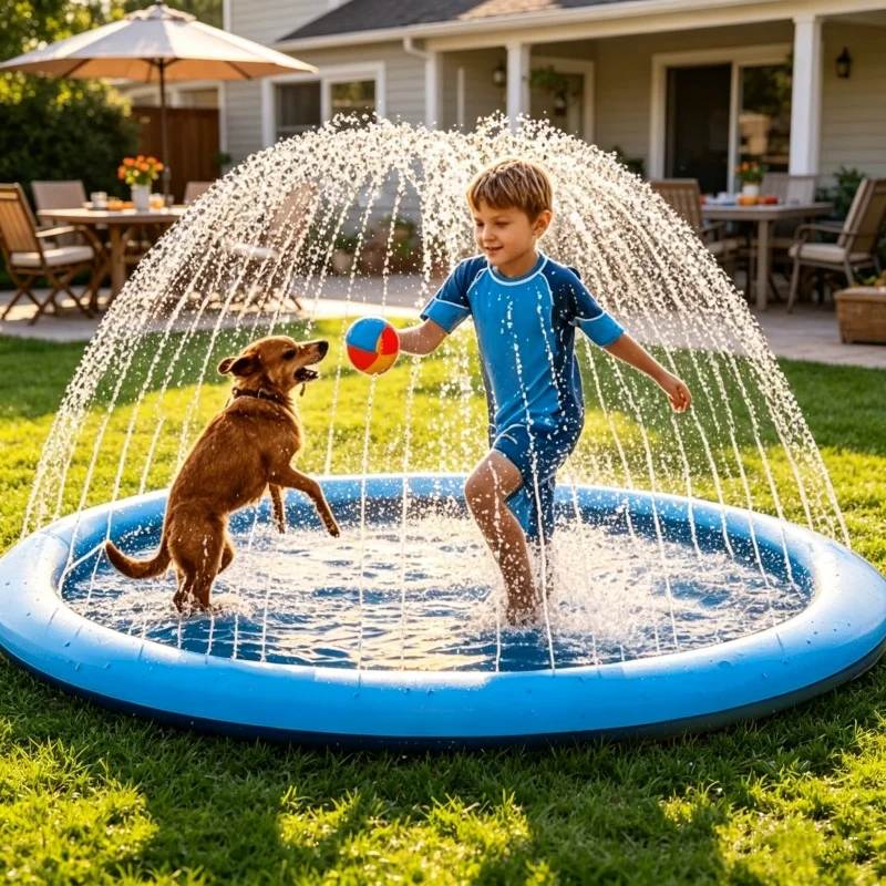 Sprinkler Splash Pad - แผ่นรองน้ำขนาดใหญ่ 170×180 ซม. แผ่นรองสปริงเกลอร์แบบเป่าลม แผ่นรองเล่นน้ำแบบหนาพิเศษสำหรับเด็ก สัตว์เลี้ยง