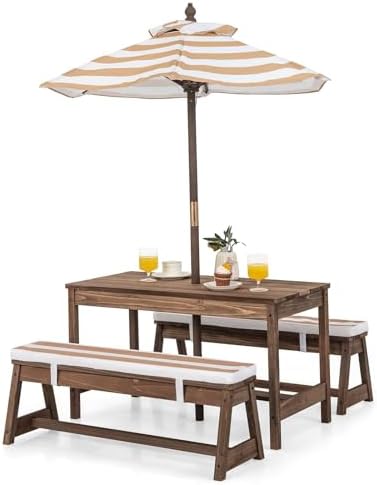 Kids Outdoor Bench With Umbrella - โต๊ะปิกนิกสำหรับเด็ก, ชุดโต๊ะและม้านั่งไม้สำหรับใช้งานกลางแจ้งพร้อมเบาะรองนั่งที่ถอดออกได้และร่ม, ผ้าลายทาง, สำหรับสนามหลังบ้านเด็ก