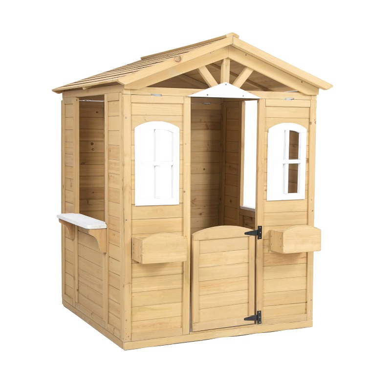 Kids Outdoor Furniture - บ้านไม้สไตล์โมเดิร์นคลาสสิกสำหรับเด็ก เฟอร์นิเจอร์กลางแจ้งพร้อมประตู หน้าต่าง ตู้จดหมาย และที่วางกระถางดอกไม้