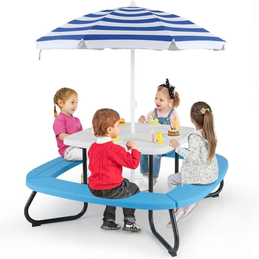 Kids Outdoor Bench With Umbrella - โต๊ะปิกนิกสำหรับเด็ก 8 ที่นั่งพร้อมร่ม, โต๊ะกิจกรรมสำหรับเด็กเล็ก, ม้านั่ง 4