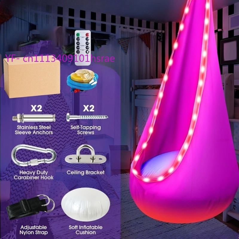 Kids Outdoor Swing Chair - เปลญวนเป่าลม LED เรืองแสง พกพาสะดวก เก้าอี้แขวนผ้ากำมะหยี่ ใช้ได้ทั้งในบ้านและนอกบ้าน
