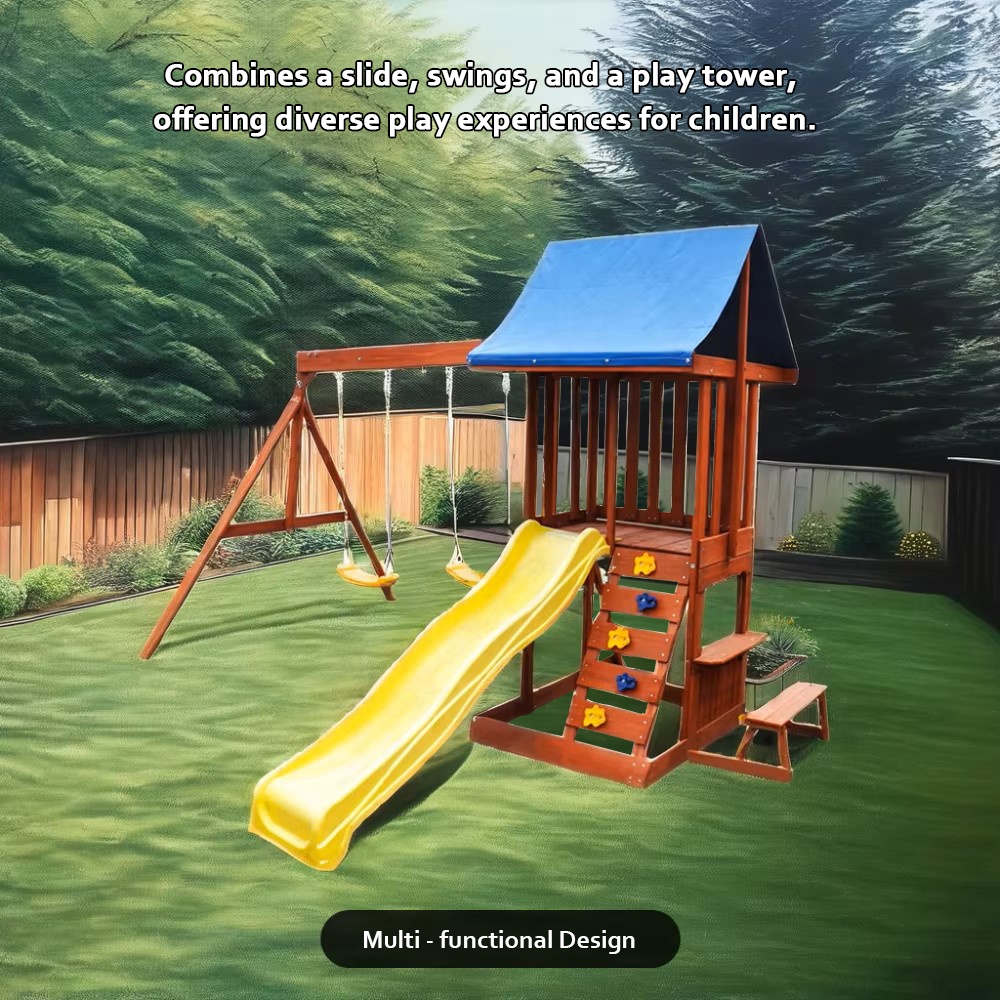 Kids Outdoor Swing Set With Slide - สนามเด็กเล่นกลางแจ้ง - ชุดเครื่องเล่นสนามหญ้าสำหรับเด็ก บ้านสไลเดอร์ ชิงช้าไม้ สำหรับสนามหลังบ้าน