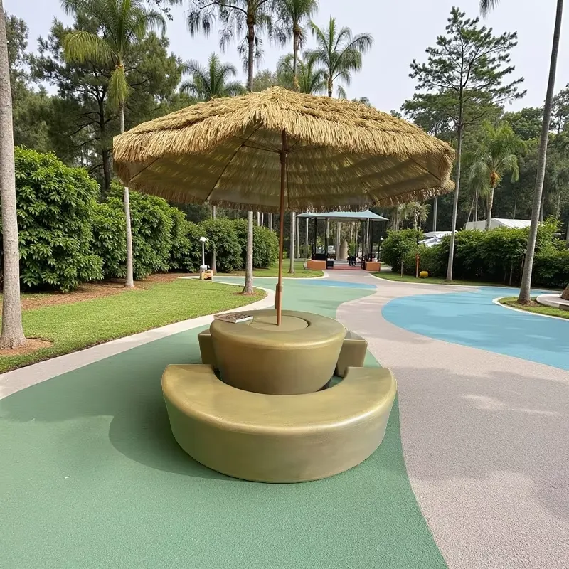Kids Outdoor Bench With Umbrella - ชุดโต๊ะกลมและเก้าอี้กลางแจ้งทันสมัย พร้อมร่มกันน้ำ ทนทาน ดีไซน์ไม้ พร้อมม้านั่งพลาสติกสำหรับเด็ก ปิกนิก