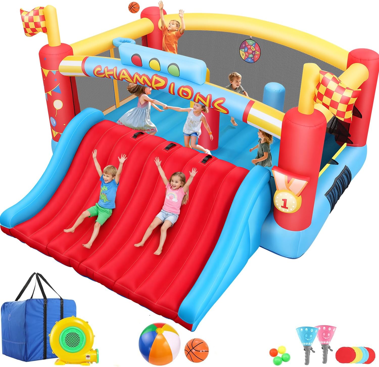 Kids Outdoor Basketball Hoop - บ้านลมขนาดใหญ่สำหรับเด็กโต, บ้านลมกลางแจ้งขนาด 13 ฟุตพร้อมเครื่องเป่าลม, ห่วงบาสเก็ตบอลคู่, เกมโยนลูกบอล