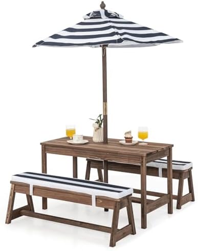 Kids Outdoor Bench With Umbrella - โต๊ะปิกนิกสำหรับเด็ก ชุดโต๊ะและม้านั่งไม้สำหรับกลางแจ้ง พร้อมเบาะรองนั่งและร่มแบบถอดได้ ผ้าลายทาง สำหรับสนามหลังบ้านเด็ก