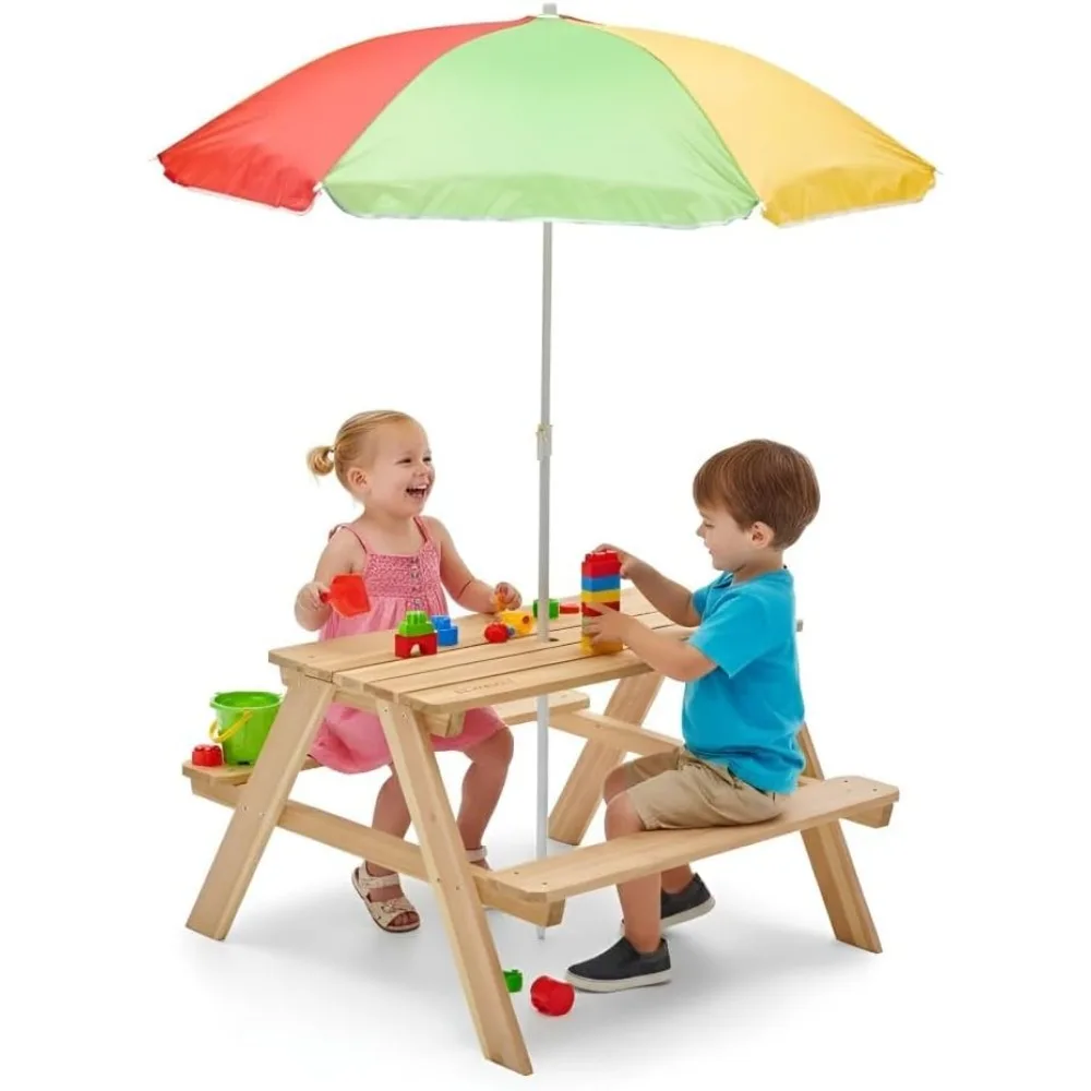 Kids Outdoor Bench With Umbrella - โต๊ะปิกนิกไม้สำหรับเด็ก ชุดกิจกรรมกลางแจ้งสำหรับเด็กเล็ก พร้อมร่ม ม้านั่ง เฟอร์นิเจอร์สนามหลังบ้าน
