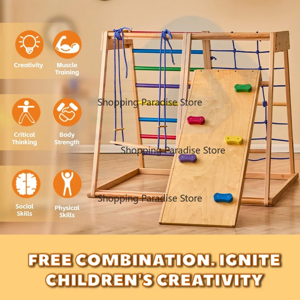 Kids Outdoor Wooden Climbing Frame - ชุดโครงสร้างปีนป่ายไม้รูปทรงรุ้งสำหรับเด็ก พร้อมบันได ชิงช้า สไลเดอร์ และอุปกรณ์เล่นในร่ม