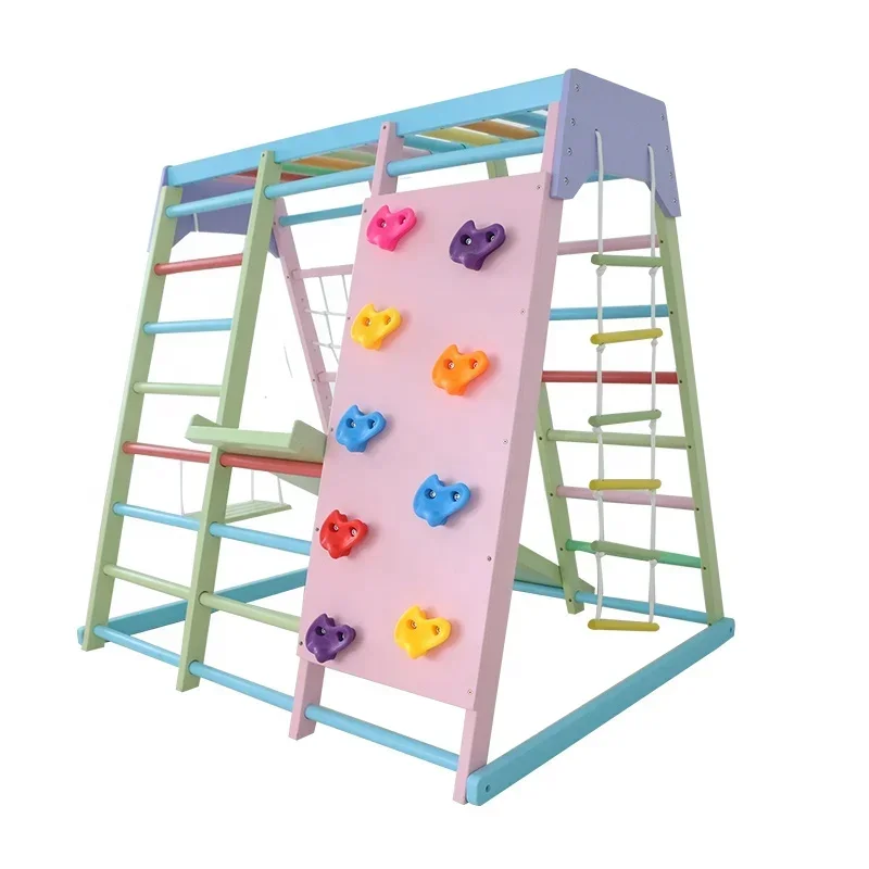 Kids Outdoor Swing Set With Slide - ชุดเครื่องเล่นปีนป่ายไม้สำหรับเด็ก พร้อมชิงช้า สไลเดอร์ และอุปกรณ์ออกกำลังกายกลางแจ้ง สำหรับใช้ในบ้านและโรงเรียน