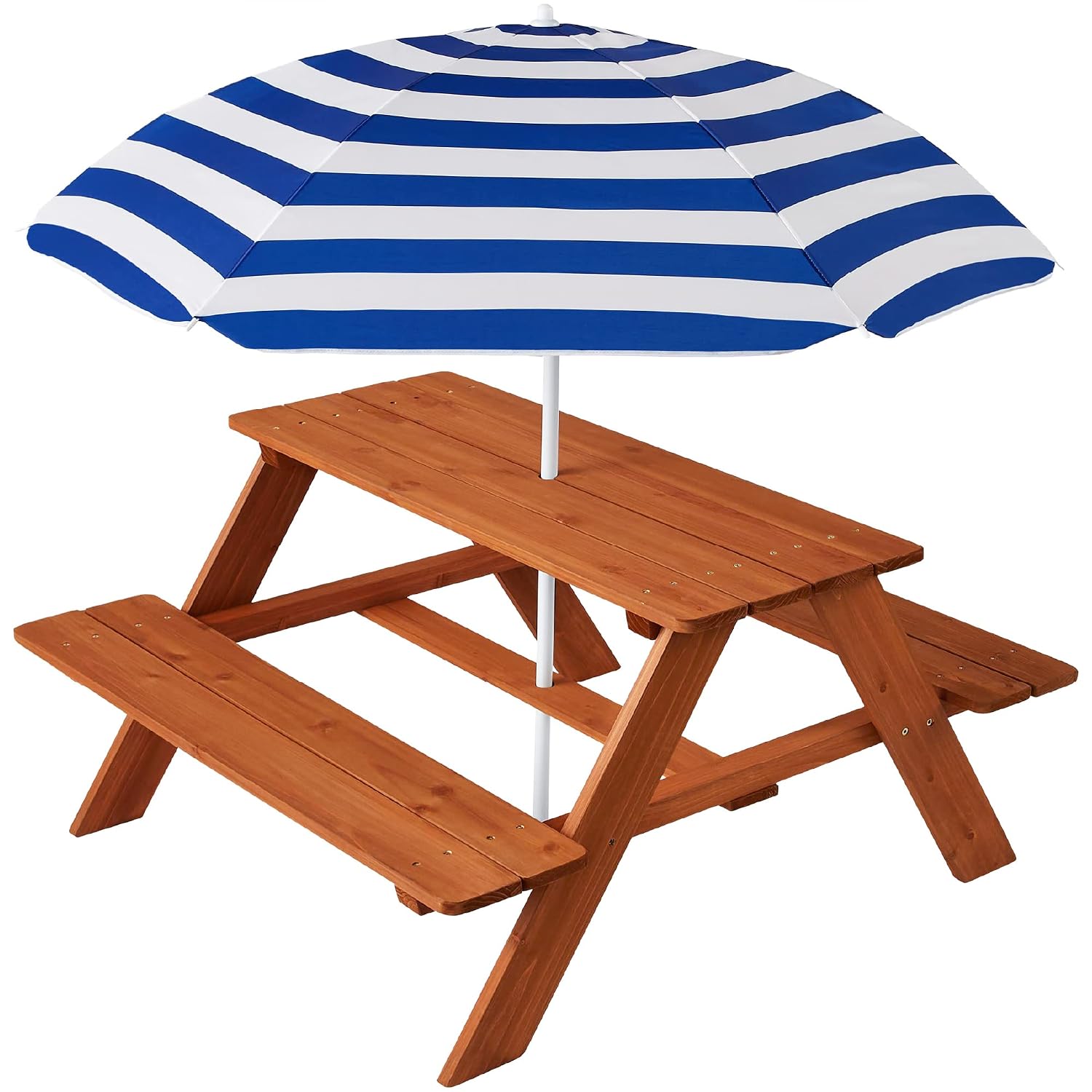 Kids Outdoor Bench With Umbrella - โต๊ะปิกนิกไม้สำหรับเด็กพร้อมร่ม ชุดโต๊ะกิจกรรมกลางแจ้งพร้อมม้านั่งในตัว รับน้ำหนักได้ 220 ปอนด์ต่อม้านั่ง สามารถปรับแต่งได้