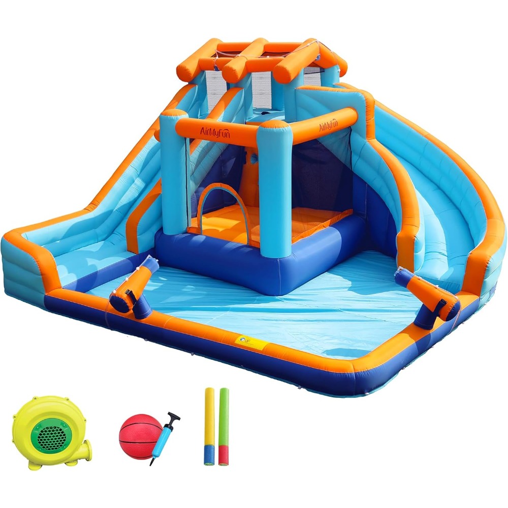 Kids Outdoor Inflatable Water Slide - สไลเดอร์น้ำขนาดใหญ่พร้อมบ้านลมสระน้ำและห่วงบาสเก็ตบอล ปราสาทลมเป่าลมสำหรับเด็กและผู้ใหญ่เล่นกลางแจ้ง