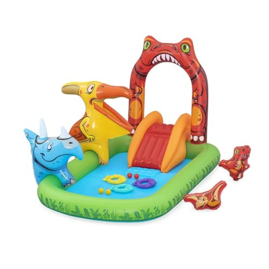 Kids Outdoor Inflatable Water Slide - ศูนย์เล่นน้ำกลางแจ้งสำหรับเด็ก วัสดุ PVC สีฟ้า-เขียว พร้อมสไลเดอร์โค้งเป่าลม สระน้ำ