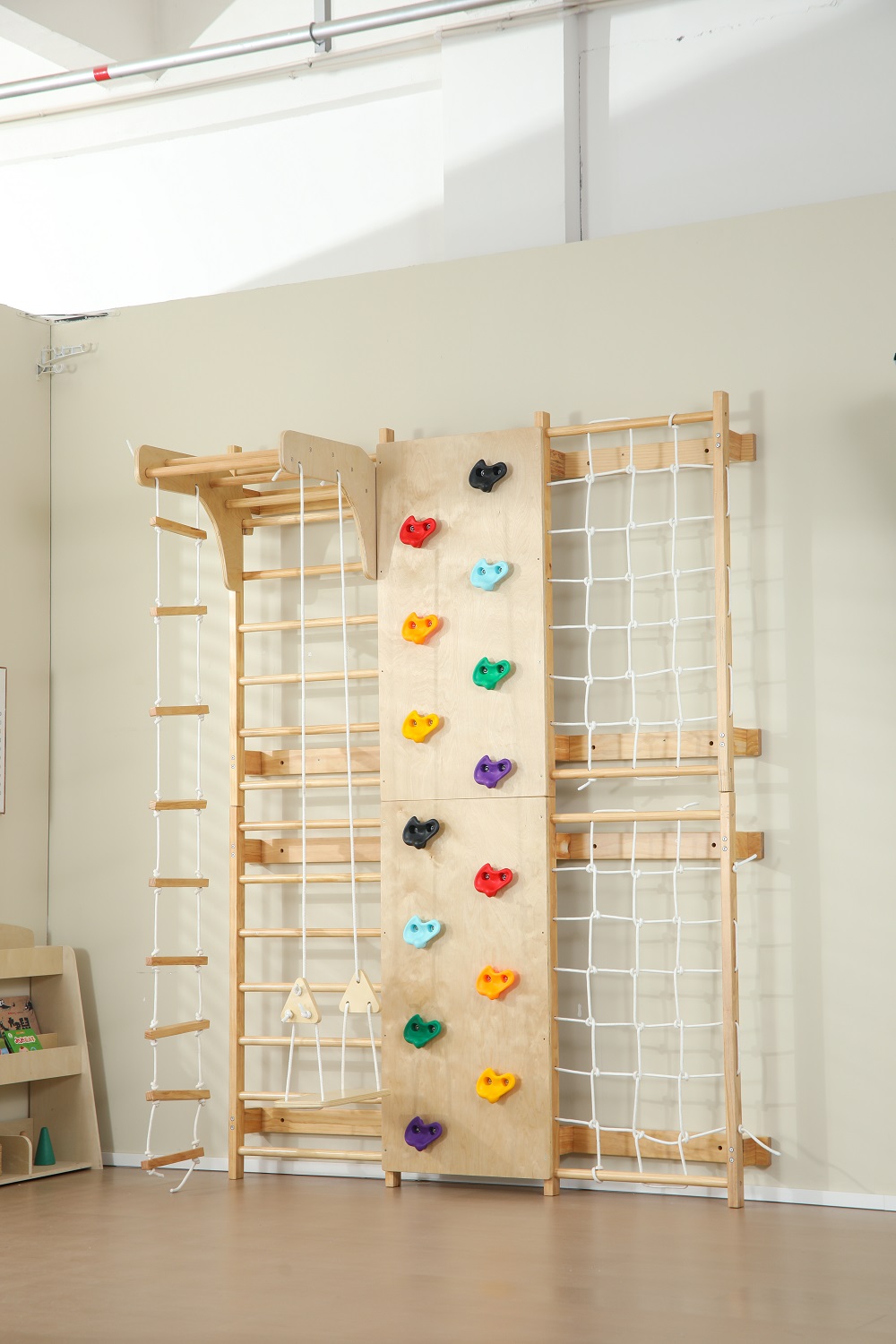 Kids Outdoor Wooden Climbing Frame - บาร์โหนสำหรับเด็กในร่มและกลางแจ้ง ทำจากไม้เนื้อแข็ง ติดผนังได้ บันไดสวีเดนสำหรับเด็กเล็ก มีสินค้าในสต็อก