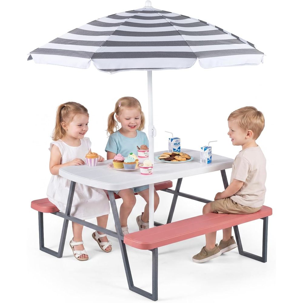 Kids Outdoor Bench With Umbrella - โต๊ะปิกนิกสำหรับเด็ก, ชุดโต๊ะและม้านั่งกลางแจ้งสำหรับเด็กเล็กพร้อมร่มถอดได้, ท็อปโต๊ะ HDPE, โครงโลหะ, เฟอร์นิเจอร์กลางแจ้งสำหรับเด็กหรือ