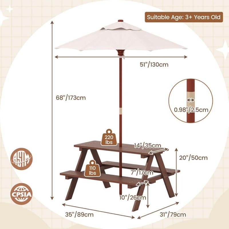 ชุดโต๊ะปิกนิกสำหรับเด็ก 4 ที่น - Kids Outdoor Bench With Umbrella บทวิจารณ์และราคา