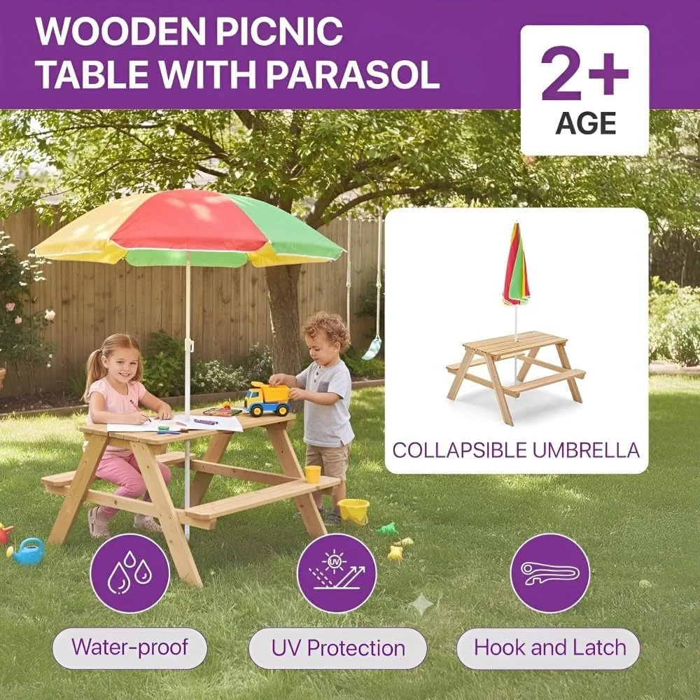 โต๊ะปิกนิกไม้สำหรับเด็ก ชุดกิจ - Kids Outdoor Bench With Umbrella บทวิจารณ์และราคา