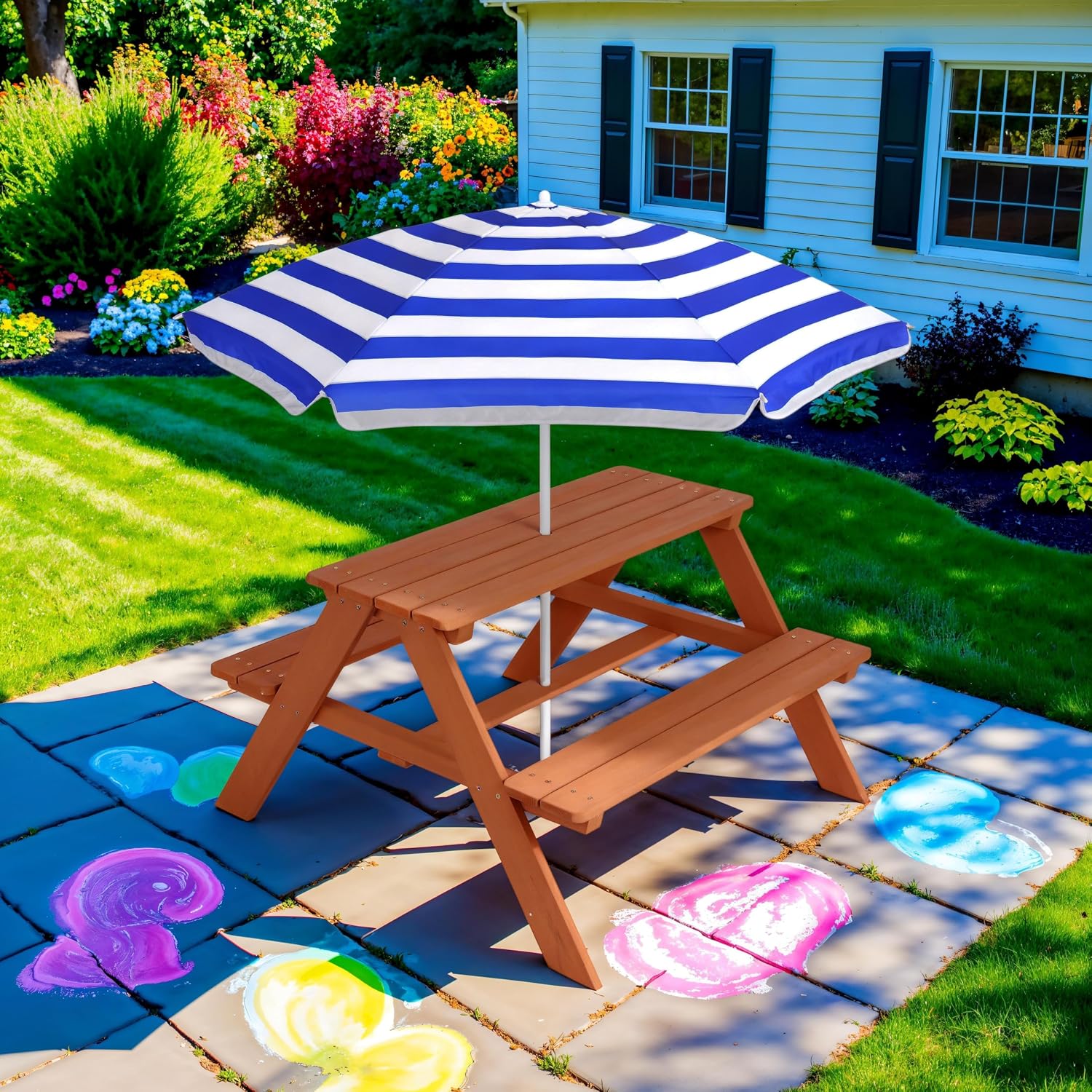 โต๊ะปิกนิกไม้สำหรับเด็กพร้อมร่ - Kids Outdoor Bench With Umbrella บทวิจารณ์และราคา