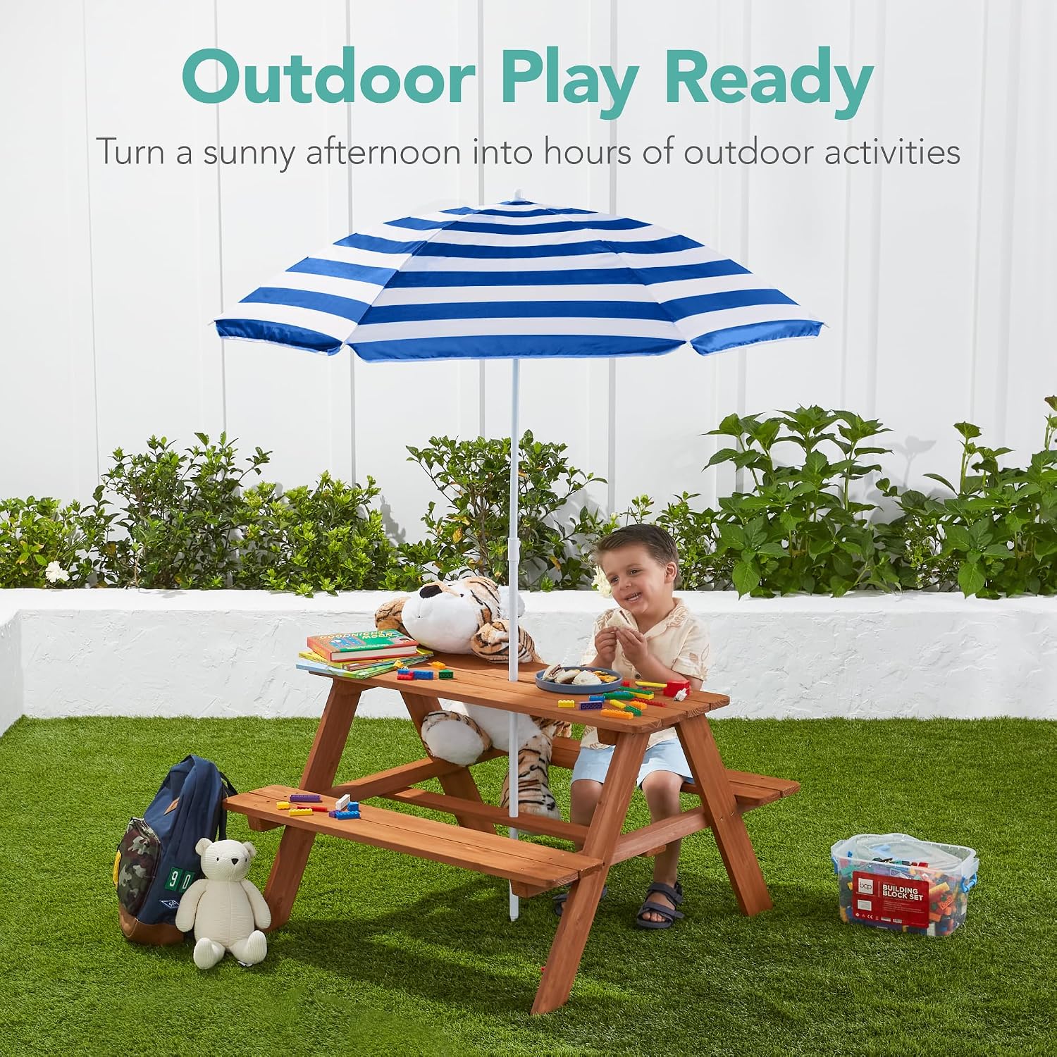 โต๊ะปิกนิกไม้สำหรับเด็กพร้อมร่ - Kids Outdoor Bench With Umbrella บทวิจารณ์และราคา